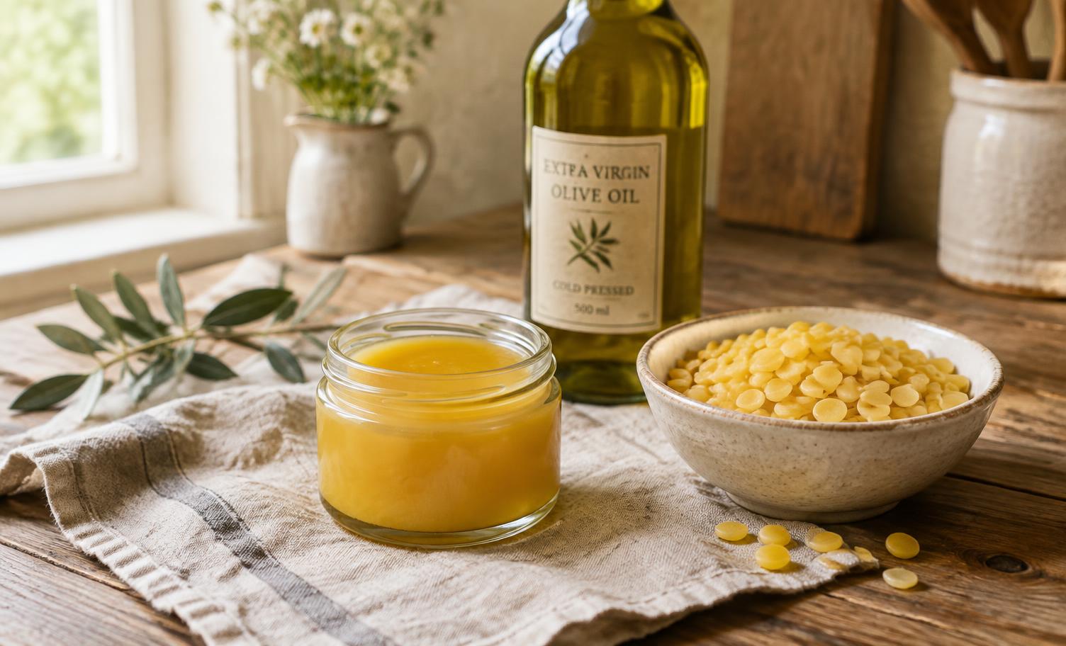 Small glass jar of homemade beeswax and olive oil balm beside beeswax pellets and a bottle of olive oil