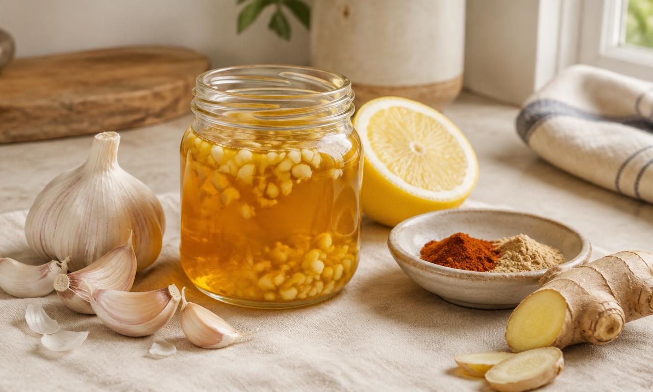 Glass jar of honey, garlic and ginger tonic beside garlic cloves, lemon, cayenne and ginger powder