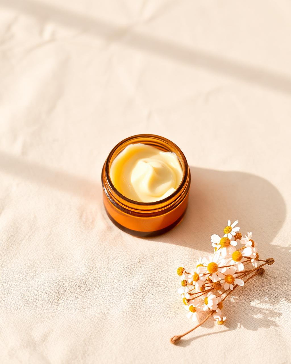 Natural skincare lotion in an amber jar with botanicals