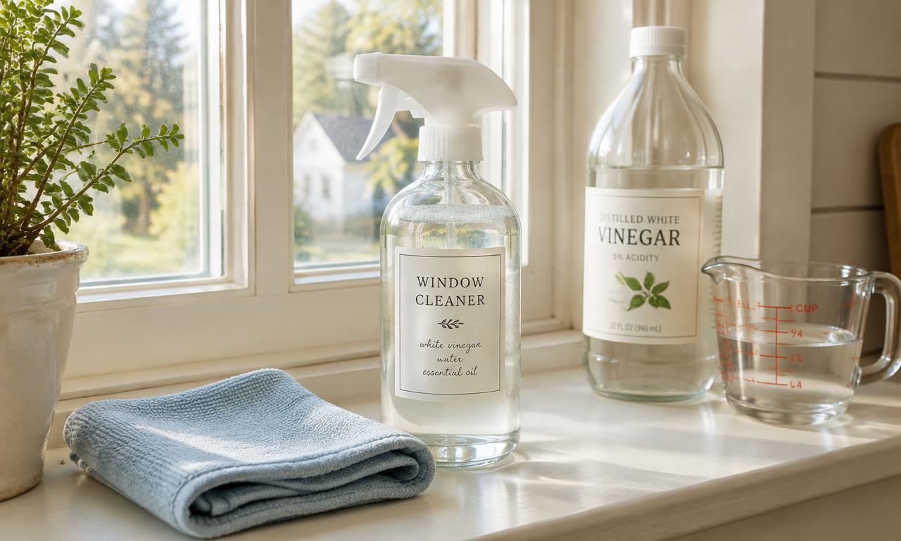 Glass spray bottle of homemade window cleaner on a sunny windowsill beside a microfiber cloth, vinegar and a measuring cup