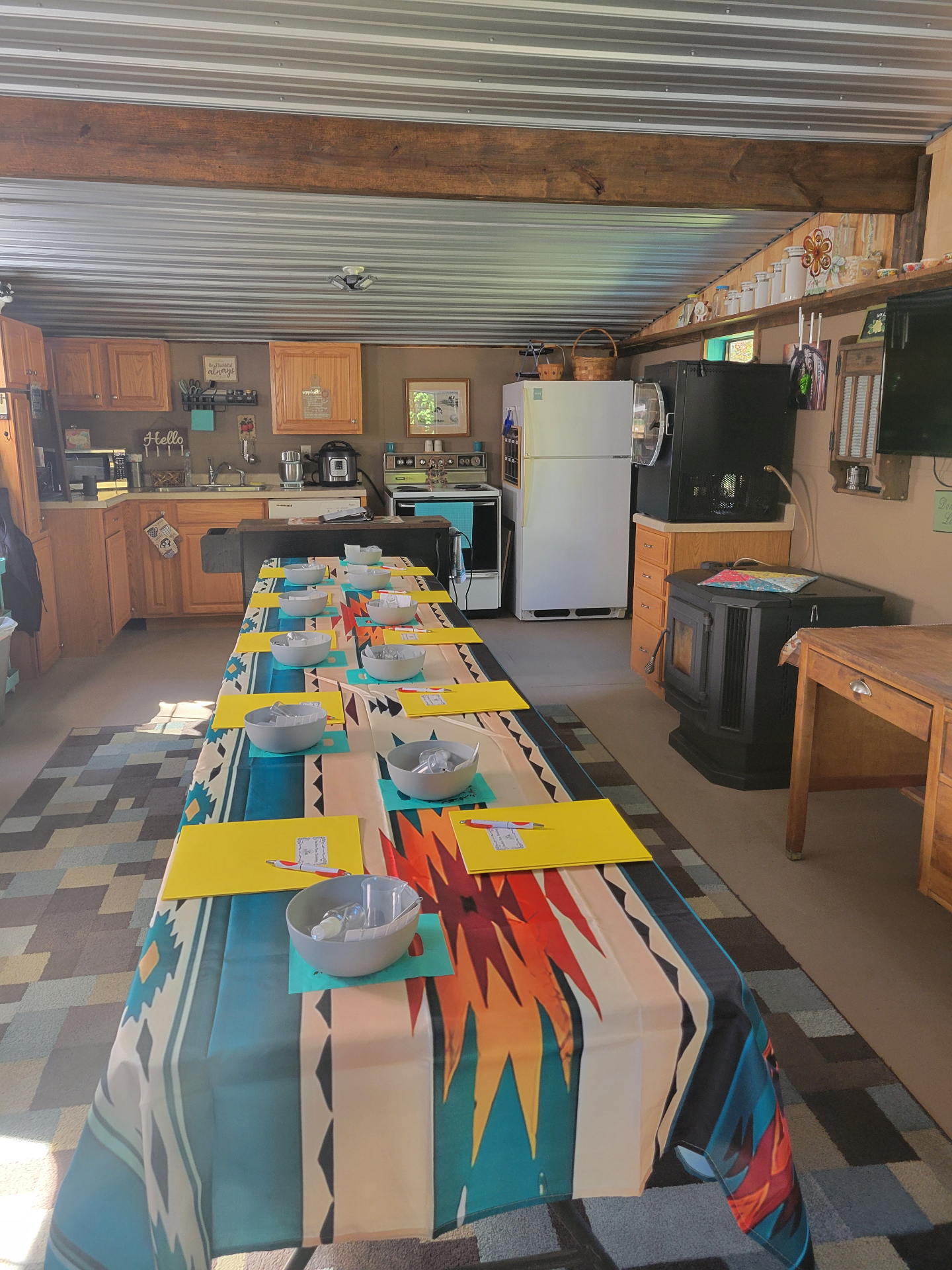 Workshop table set with bowls and supplies